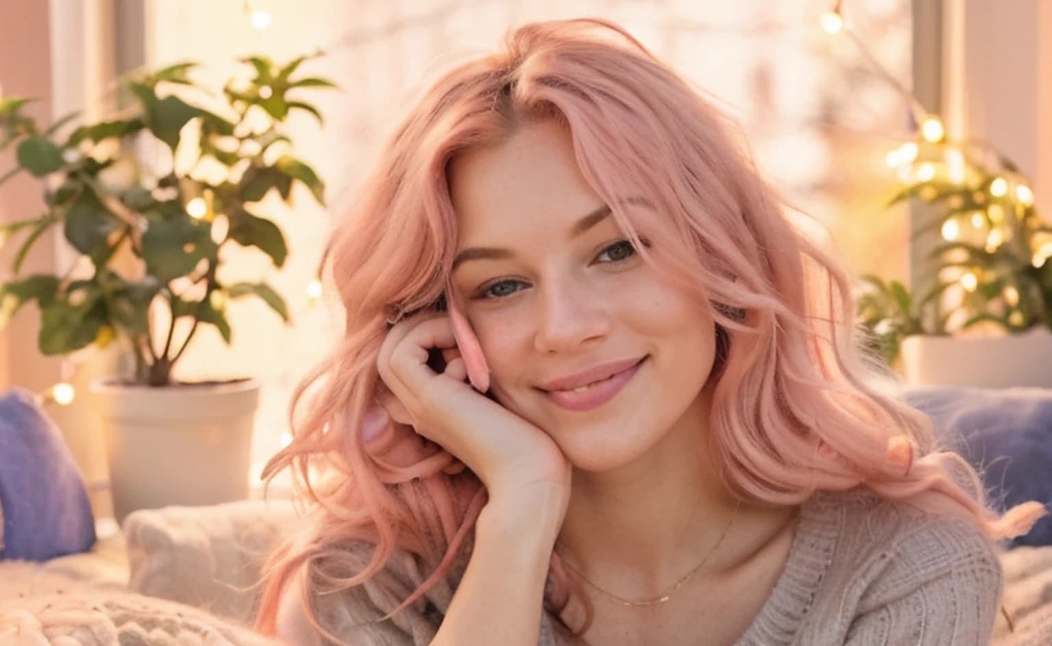 Pembe dalgalı saçlı, elini yanağına dayamış gülümseyen Mira görseli